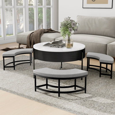 Table basse à plateau relevable moderne avec rangement et 3 repose-pieds