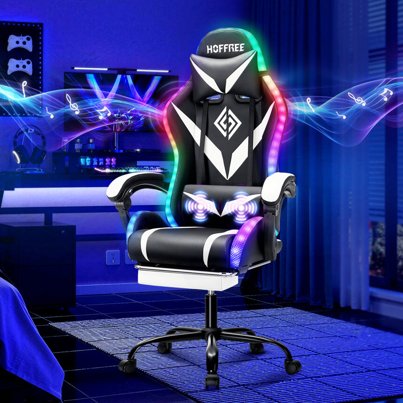 Fauteuil de jeu ergonomique à massage Hoffree avec haut-parleurs Bluetooth et lumières DEL RVB, Blanc/Noir