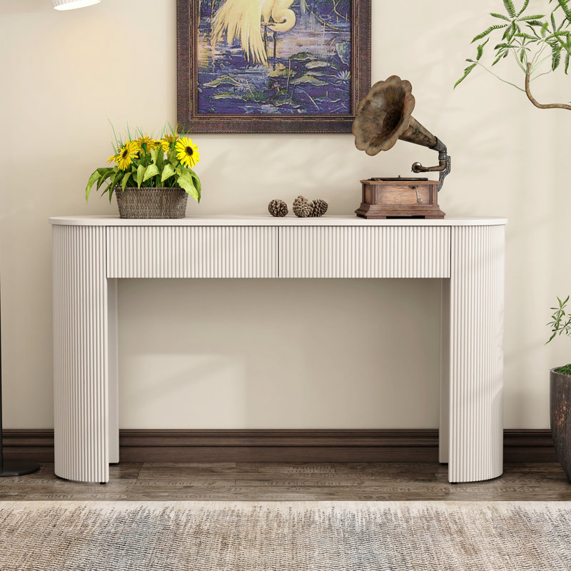 Entryway Table, Fluted Design, Oval Top, 2 Drawers for Entryway - Champagne White