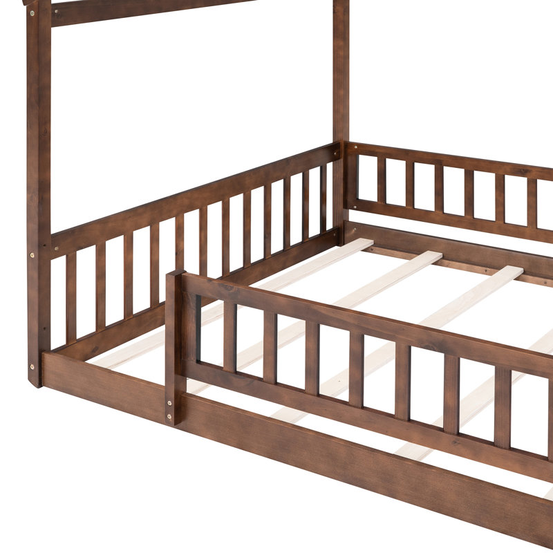 Lit pour adolescent pleine grandeur en noyer avec clôture, pin, jeu et sommeil, Full, Walnut