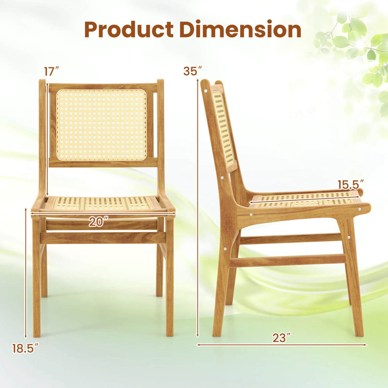 Rattan Dining Chair With Natural Cane Woven Backrest & Seat & Teak Wood Frame, 2