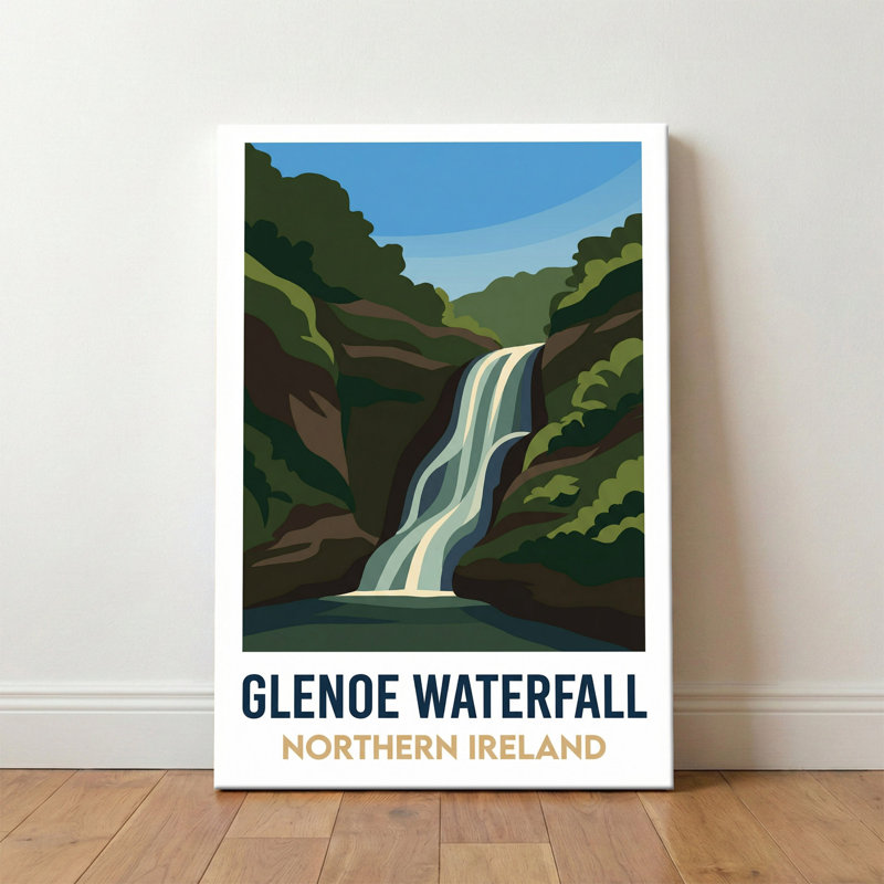 Glenoe Waterfall, Northern Ireland - Romantic Travel Poster of Falls and Woodland. Giclee Print on Wrapped Canvas. Wall Art, Home Decor - Natural Landmarks, Northern Ireland 1 Piece Wrapped Canvas Wall Art