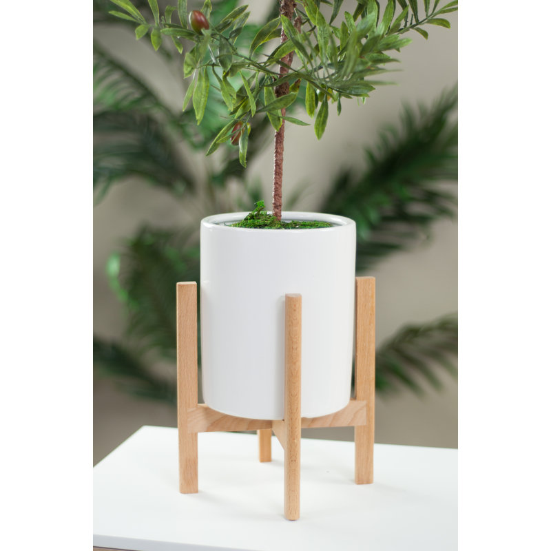 Jardinière en céramique Baraka, H 11 po x l 8,1 po x P 8,1 po (support inclus), Blanc / Naturel