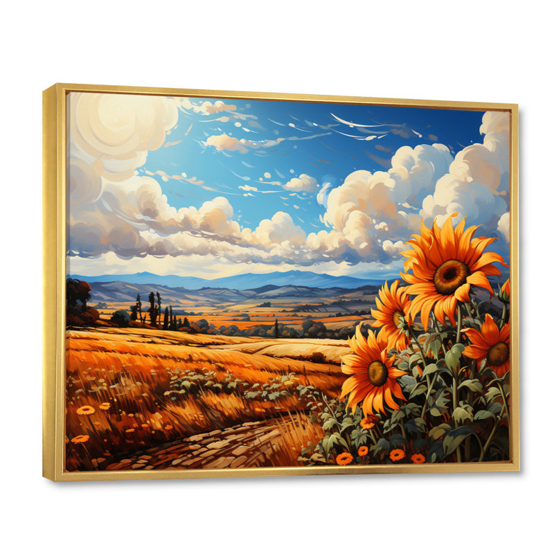 Champ de tournesols français Bilow, charme de campagne III - impression, H 24 po x l 32 po x P 1 po, Cadre flottant doré