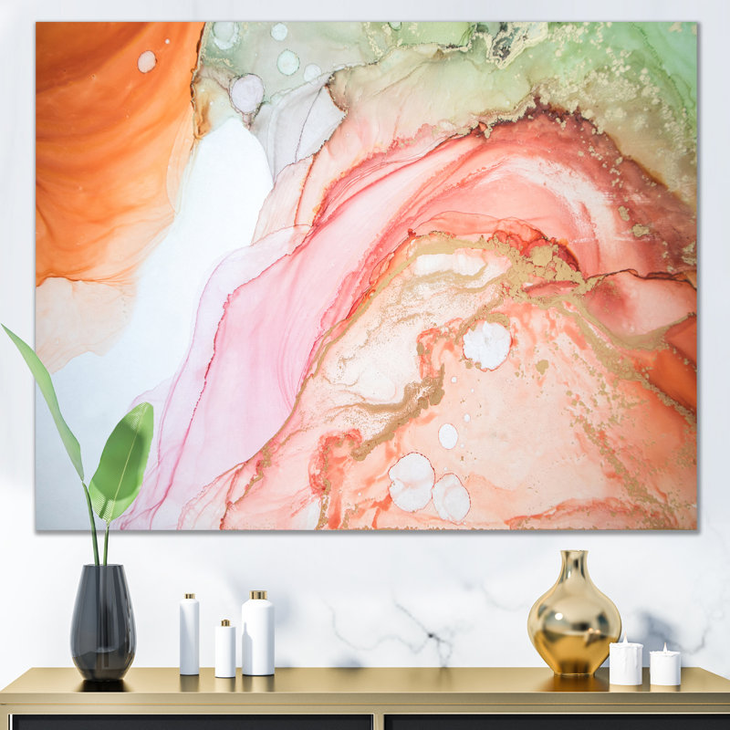 Art mural liquide ondulé en orange et vert - décoration murale moderne en toile, H 24 po x l 36 po x P 1 po, Toile tendue