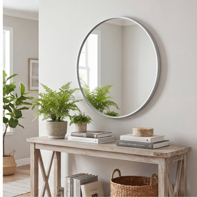 Miroir mural rond en métal argenté 32 pouces pour salle de bain - Aluminium brossé moderne, résistant aux chocs