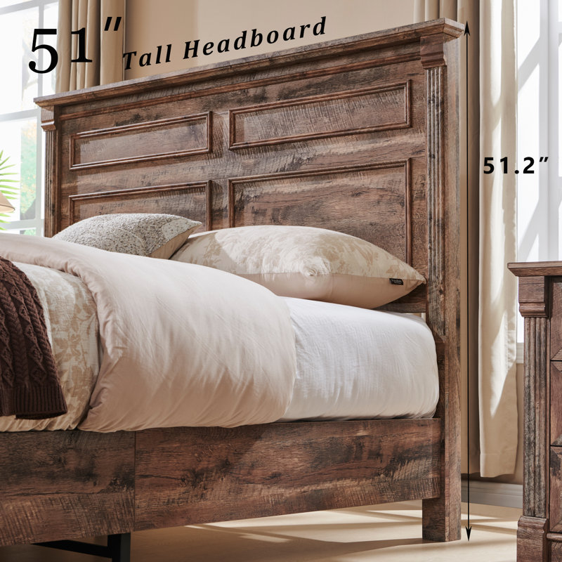 Cadre de lit très grand Burlington Farmhouse avec tête de lit 51 po, cadre de lit plateforme en bois, Très grand lit, Brun