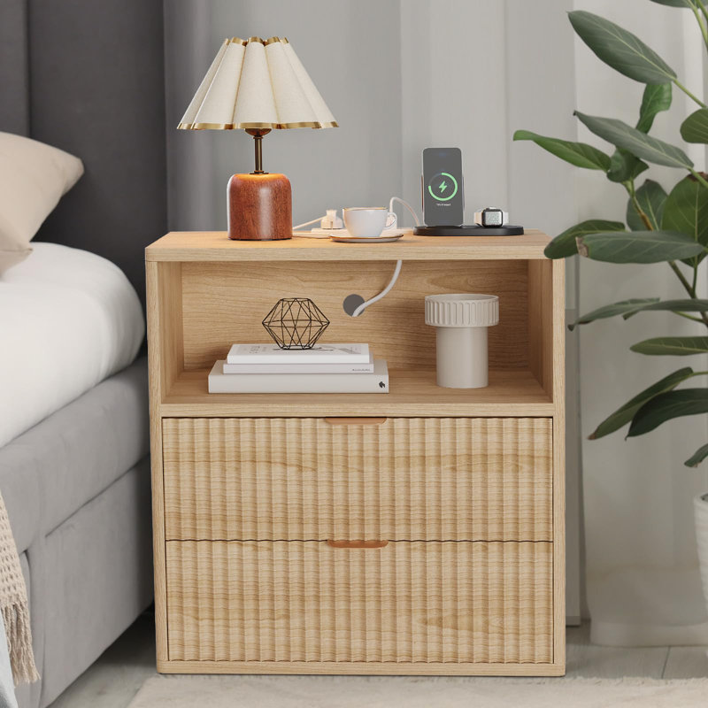 Fluted Farmhouse Night Stand with Charging Station,23" Mid-Century Modern Nightstand,2 Drawers End Table,Wood Side Table, 2