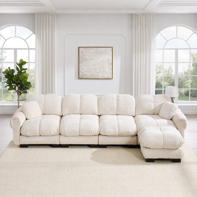Ensemble de canapé modulaire surdimensionné en chenille avec coussins et 1 repose-pieds, blanc ivoire