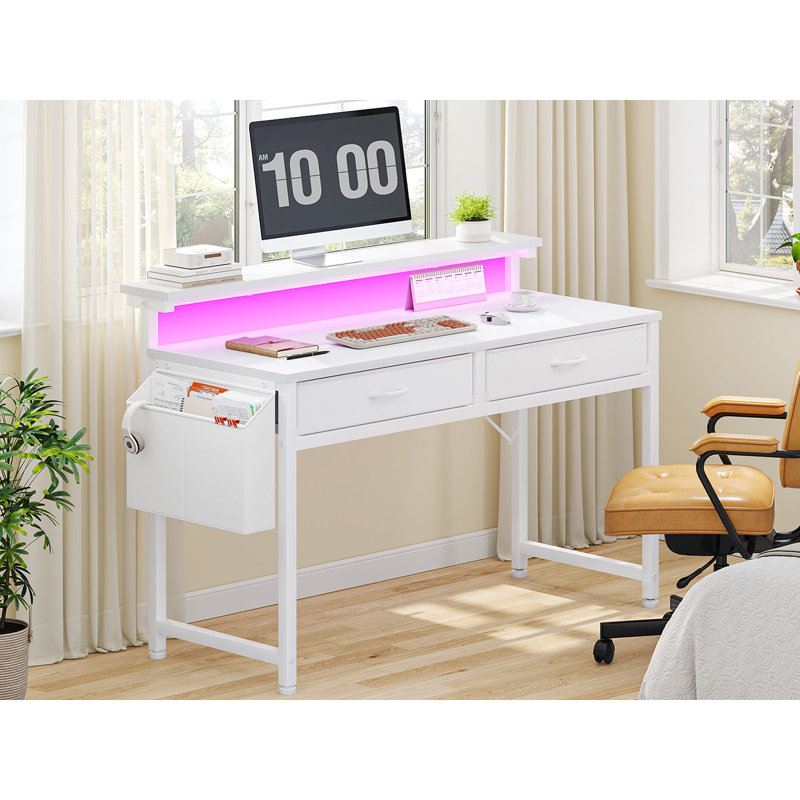 Small Computer Desk With 2 Drawers & LED Lights,Home Office Desks With Side Pocket And Monitor Stand, Brown