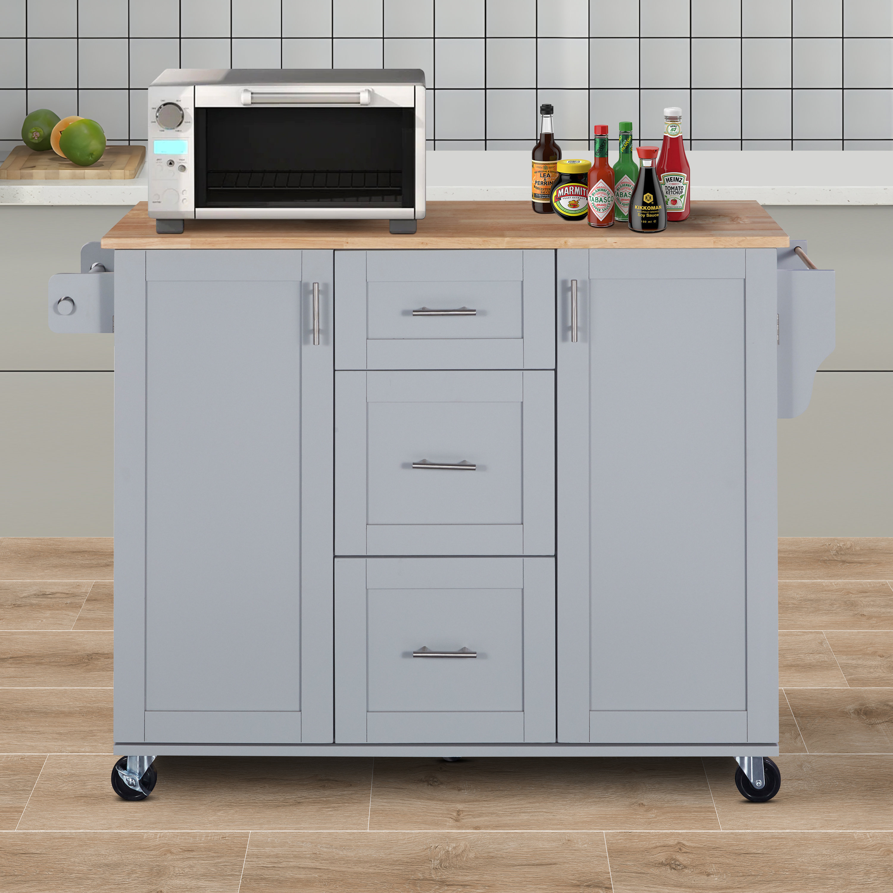 Winston Porter Rhodena Rolling Kitchen Island with Solid Wood Top ...