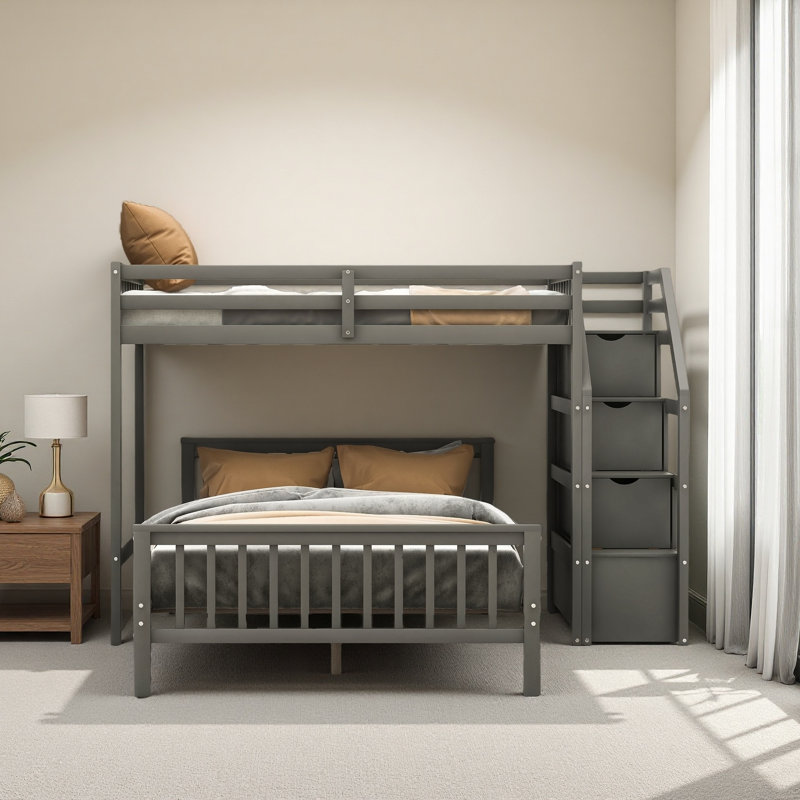 Lit mezzanine simple au-dessus d'un lit double avec escalier, Gris