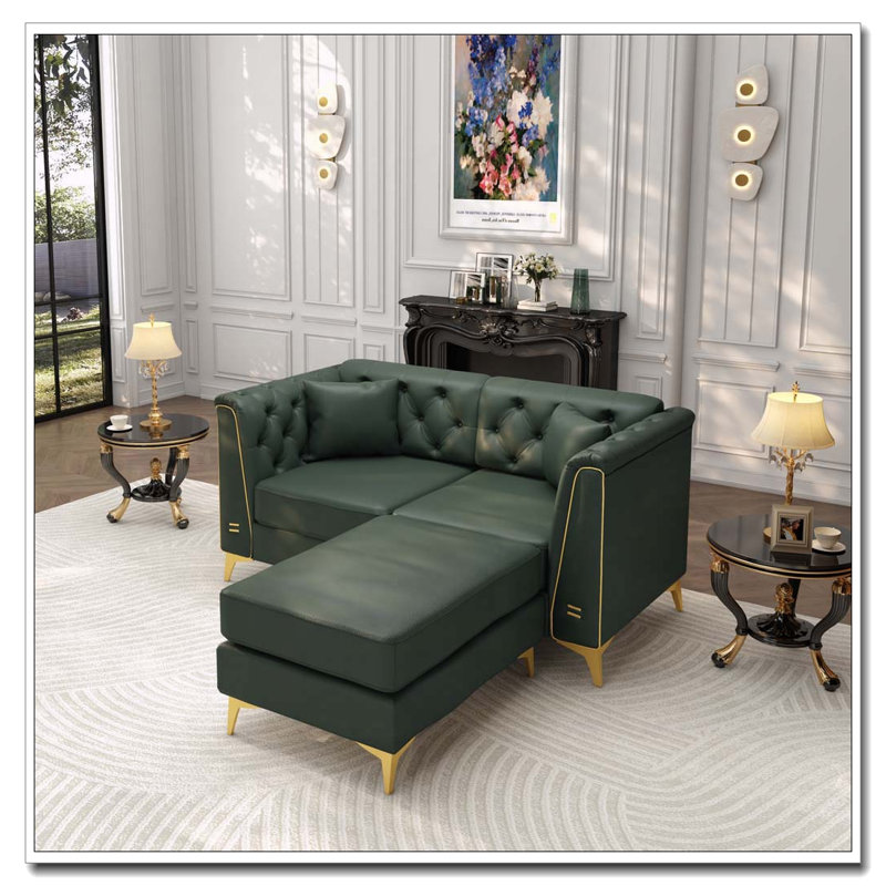 Canapé Chesterfield modulaire 3 places léger avec repose-pieds, similicuir et pieds en métal Light, 81.5"W & 1 Ottoman