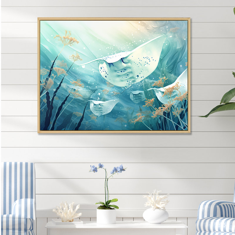 Monochome Manta Rays Dance, reproduction d'art sur toile, H 16 po x l 32 po x P 1 po, Cadre naturel flottant
