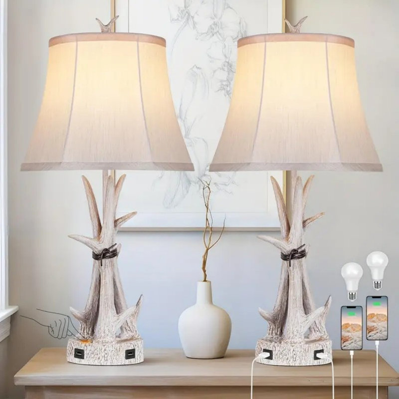 Rustic Antler Table Lamps Set Of 2 With Dual USB Port Farmhouse Country Deer Lamp For Bedroom Living Room 3-Way Dimmable Touch Nightstand Bedside Lamps For End Table Cabin Decor, Bulbs Included