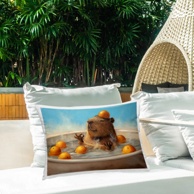 Coussin d'extérieur imprimé lapin dans un bain à bulles relaxant, design par Lucia Heffernan