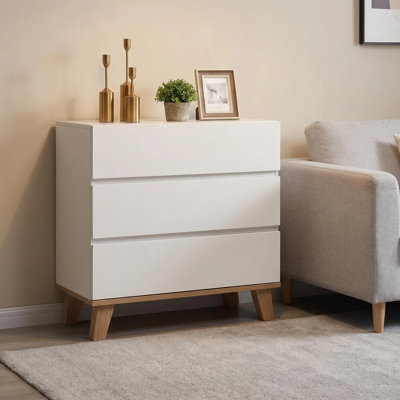 Commode 3 tiroirs blanche, commode de rangement moderne sans poignée avec pieds en bois naturel massif, armoire à tiroir minimaliste