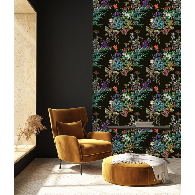 Panneau de papier peint foncé avec fleurs sauvages L 10,4 pi x l 25 po, L 125 po x l 25 po