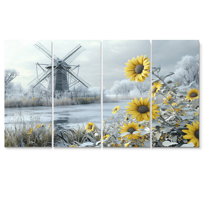 Tournesols et moulin à vent gelé - Art - Pour le salon, 4, H 28 po x l 48 po