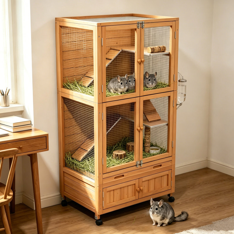 Indoor 4-Tier Chew-Proof Breathable Wooden Chinchilla Cage with Mobile Wheels and Storage Cabinet