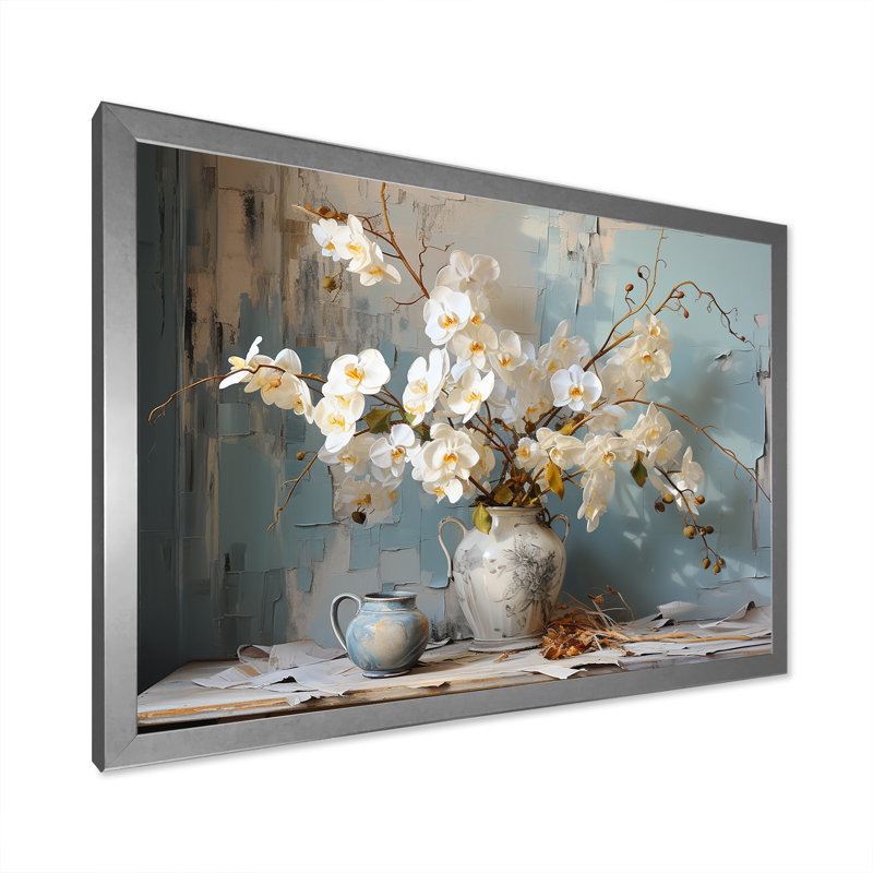 «White Orchids Farmhouse Still Life» sur toile, H 12 po x l 20 po x P 1 po, Cadre simple argenté