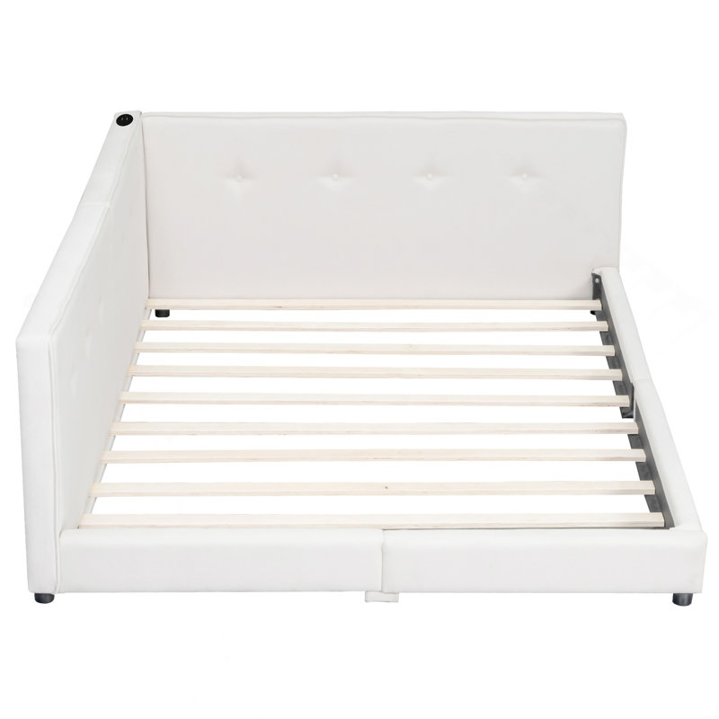 Lit plateforme tapissier grand avec ports USB, beige, Grand lit, Beige