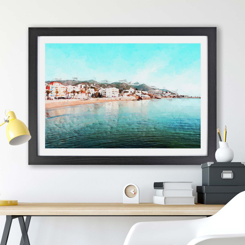 Shoreline of Sitges in Spain - Framed Print, 45cm H x 63cm W x 2cm D, Black