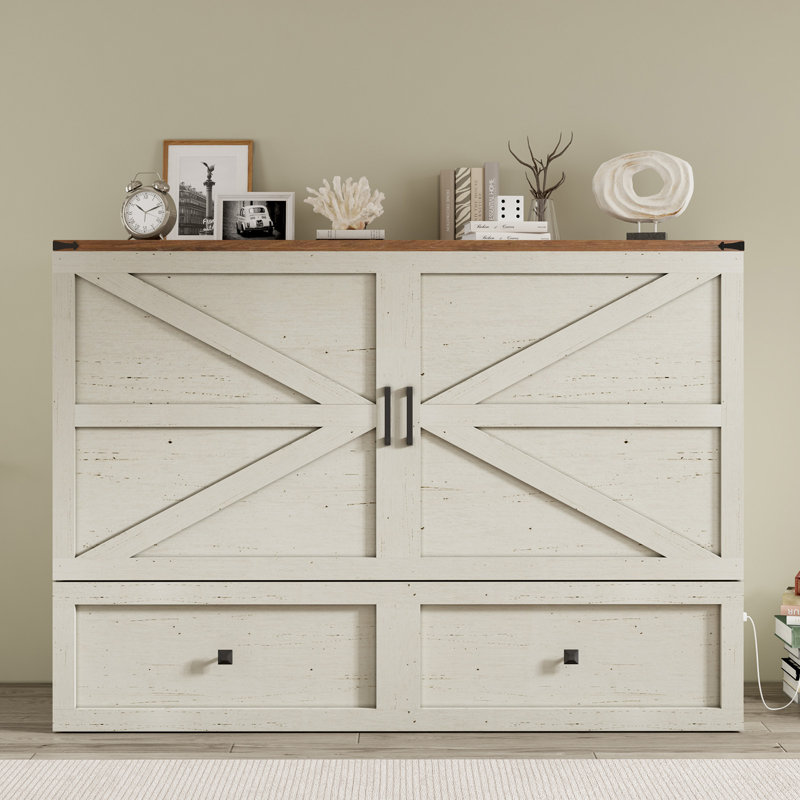 Wilkinson Farmhouse Full Murphy Bed with Large Storage Drawer & Charging Station, White