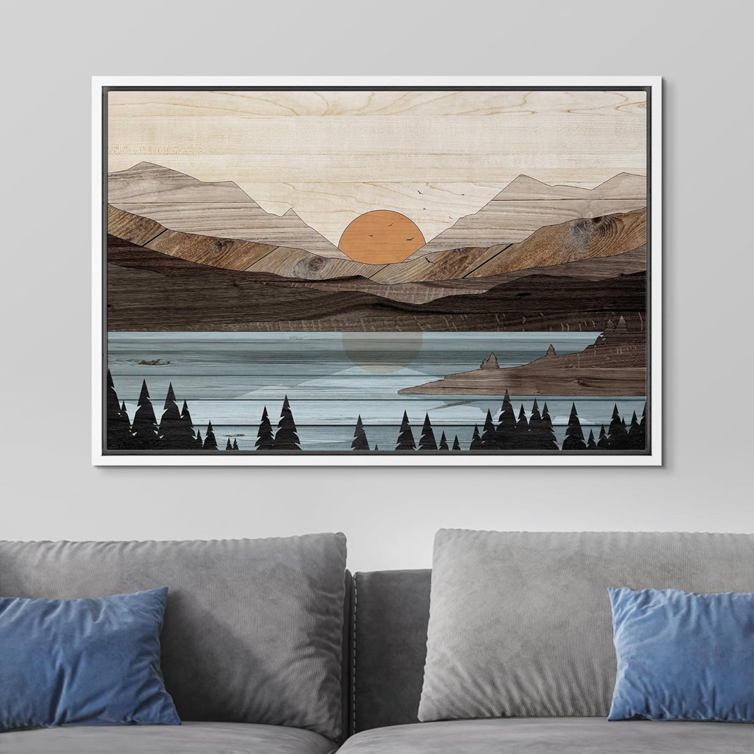 Western Wood Effect Landscape Mountain Range Lake Trees Nature Abstract Artwork Living Room Decor On Canvas Print IDEA4WALL 