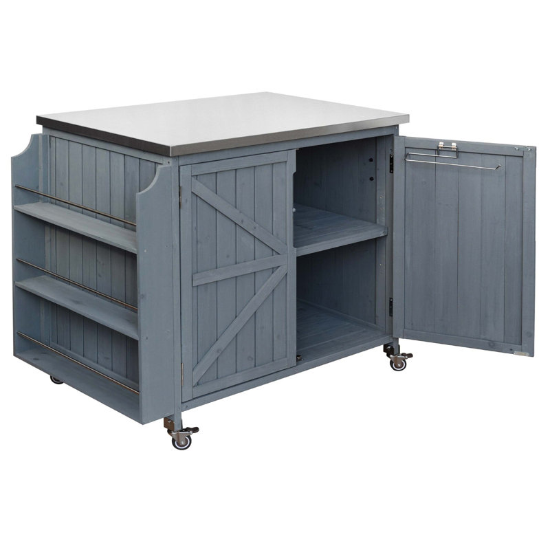 42.1'' Grey Blue Outdoor Kitchen Island With Side Shelf, Grill Cart With Storage Cabinet, Stainless Steel Top, Adjustable Shelf & 4 Wheels For Pizza Prep