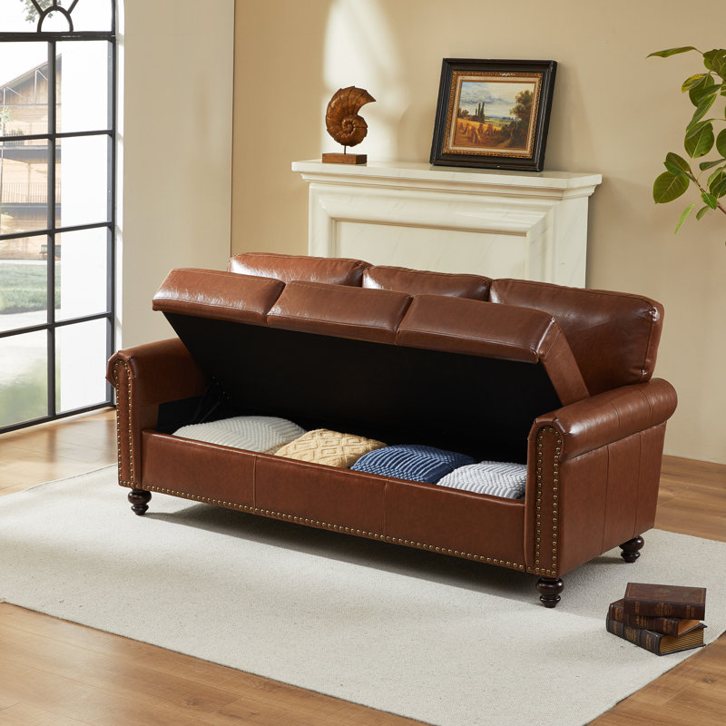 Denardo 80'' Rolled Arm Sofa with Storage, Brown Faux Leather