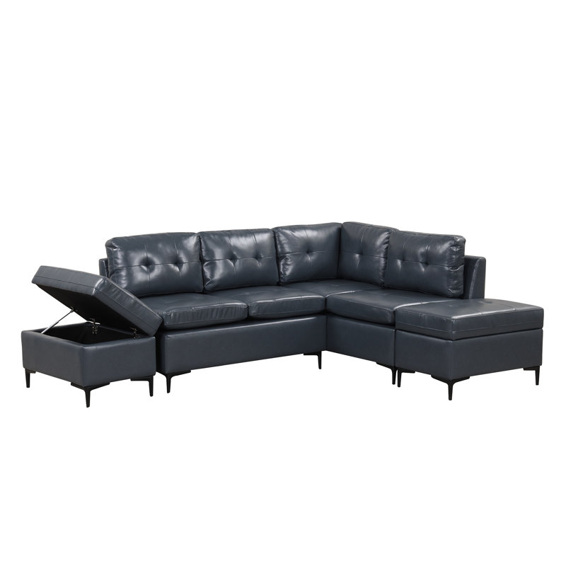 Ensemble de canapés inclinables modernes en cuir en forme de L avec repose-pieds, bleu + noir