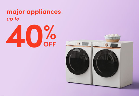 Major appliances up to 40% off featuring a side-by-side washer and dryer set on a light purple background.