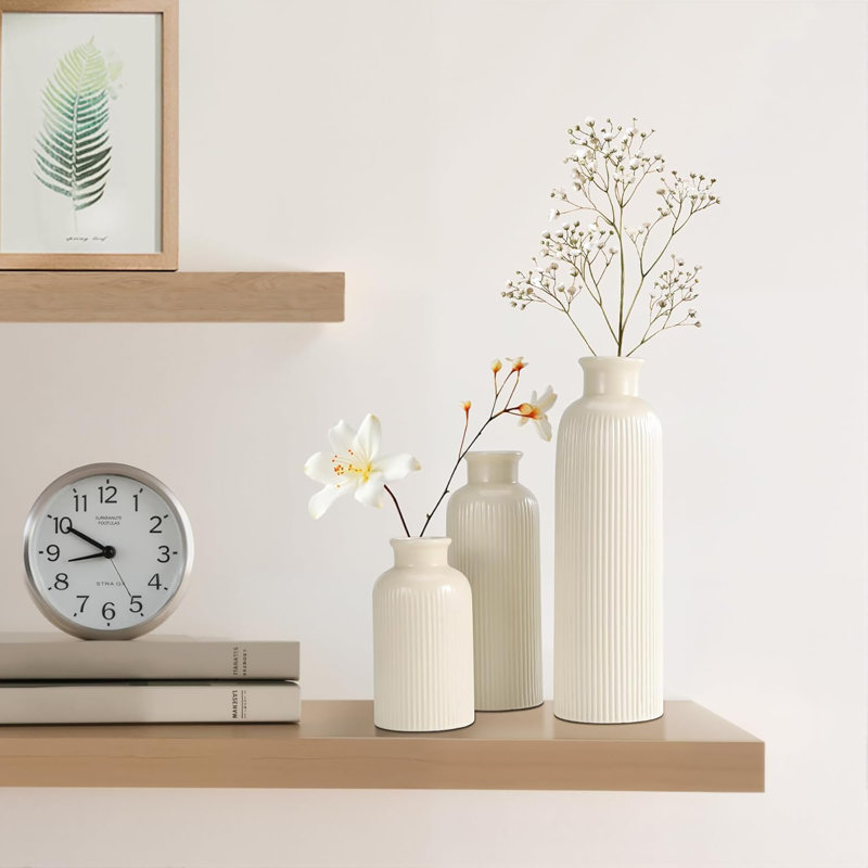 Beige Ceramic Vase Set Of 3, Boho Modern Beige Flower Vase Room Decor, Farmhouse Decor, Vases For Your Kitchen, Bathroom, Bedroom, Living Room, Office And Shelf Centerpiece Table Decorations