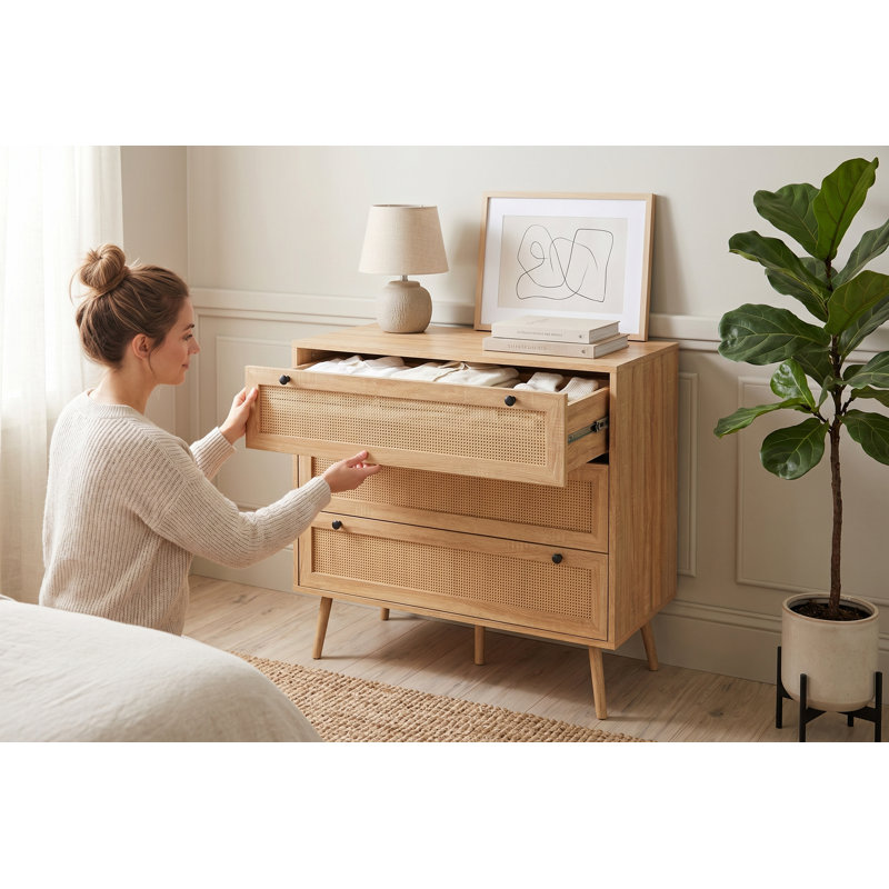 Commode à 3 tiroirs de style Mid-Century avec façades en rotin, commode d'aspect bois au fini chêne naturel pour le rangement de la chambre à coucher ou du salon