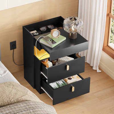 Table de chevet à DEL 18,11 po avec 2 tiroirs et prises USB et CA, table de chevet en bois avec plateau coulissant imperméable à l'eau, table de chevet moderne avec espace caché pour chambre à coucher, salon