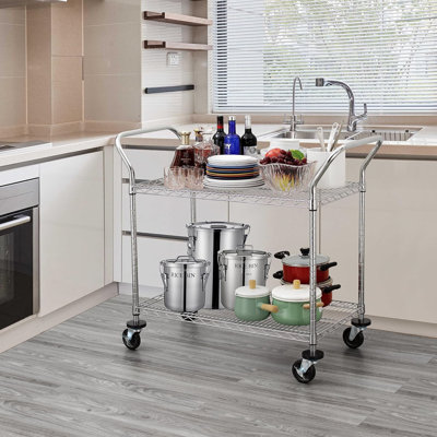 2-Tier Commercial Grade Rolling Cart, Heavy Duty Utility Cart, Carts with Wheels and Handles, Kitchen Cart on Wheels, Metal Serving Cart with 500 lbs Capacity