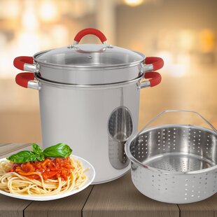 ExcelSteel 8 qt Multifunction Stainless Steel Pasta Cooker with Encapsulated Base, Vented Glass Lid, and Riveted Silicone
