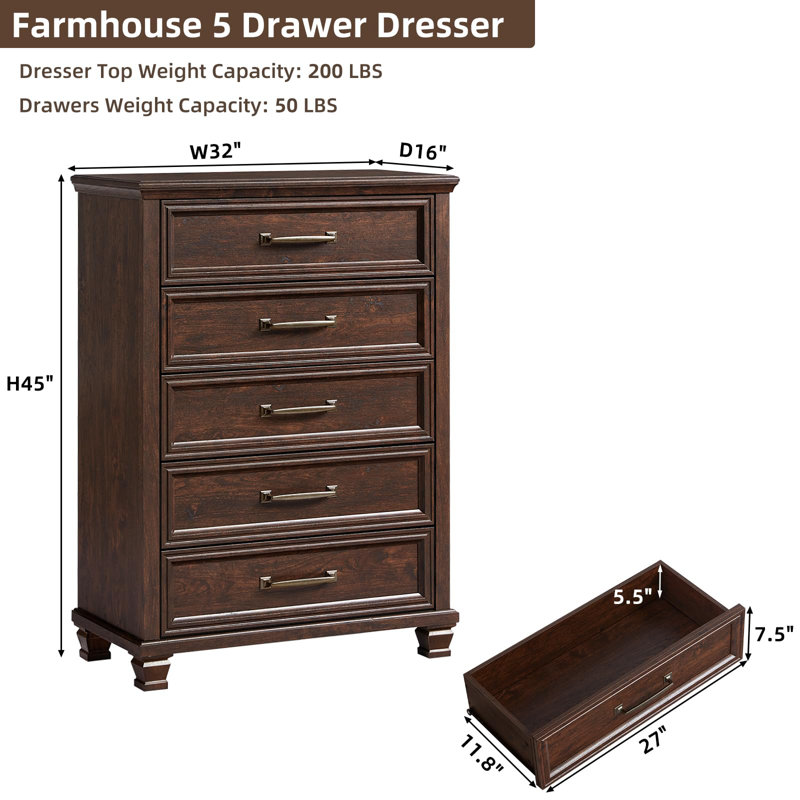 Farmhouse Chest of Drawers for Bedroom, 45” Tall Dresser for Closet, Rustic Wood Dressers for Bedroom, Hallway, Entryway (Walnut)