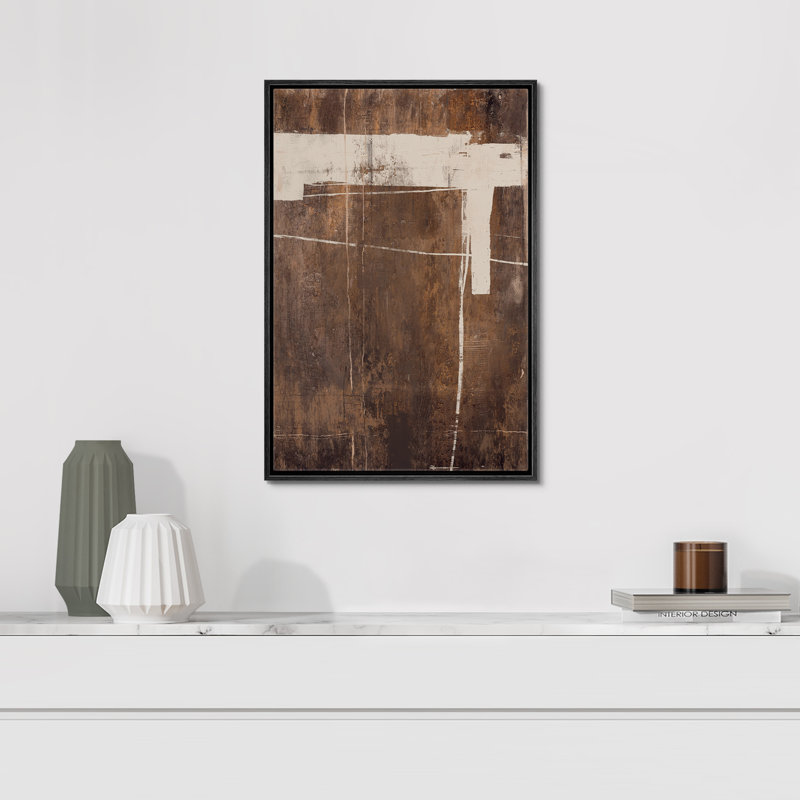 Style Mid-Century brun foncé, formes abstraites neutres, grand cadre rustique, décor minimaliste M24, H 36 po x l 24 po