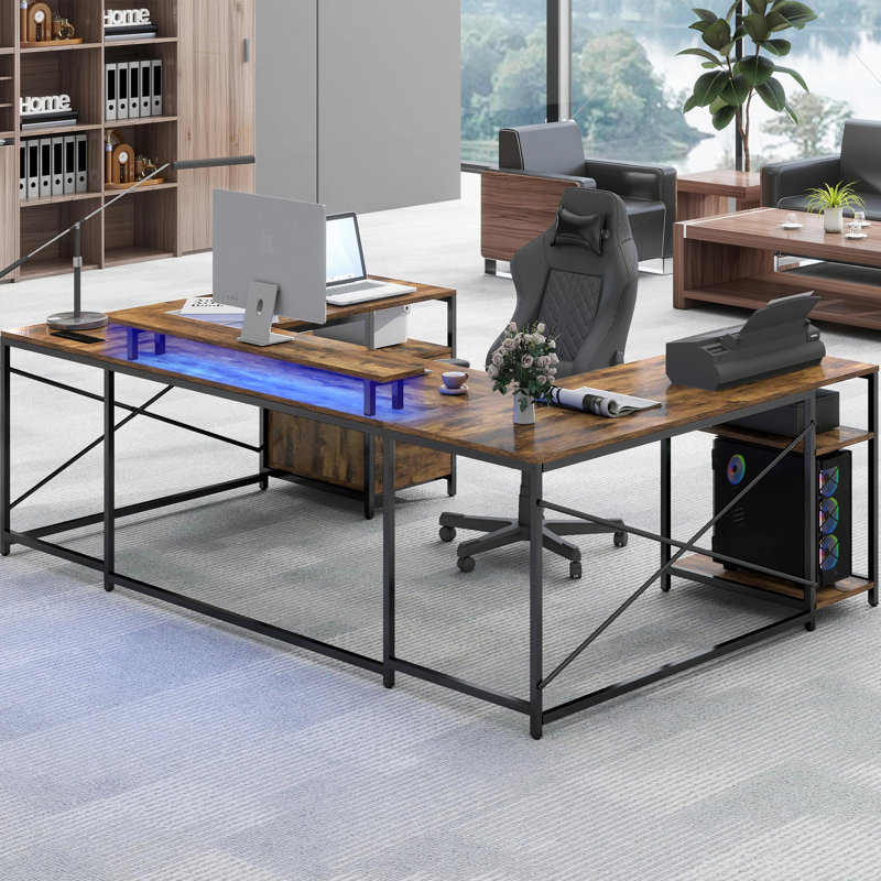 U Shaped Desk with Power Outlets & LED Lights, Reversible Gaming Desk with Monitor Stand, Retro Brown/Black