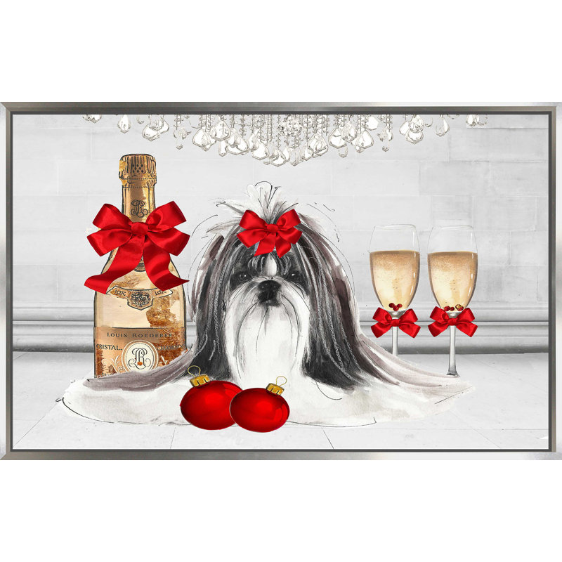 «Christmas Holiday Shih Tzu (Horizontal)» par Jodi - impression, H 21,5 po x l 33,5 po x P 2 po, Cadre flottant argent