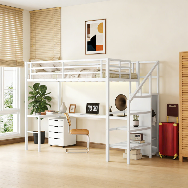 Full Size Metal Loft Bed with Desk & USB,LED lights , White, Full