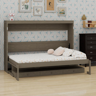 Lit escamotable avec rangement, armoire-lit pliable avec coiffeuse, miroir central et 2 tiroirs latéraux