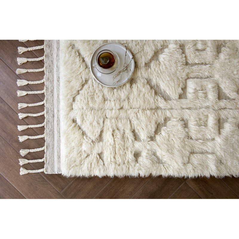 HYGGE Hand Knotted Wool Geometric Area Rug in Oatmeal/Ivory, Rectangle 4' x 6'