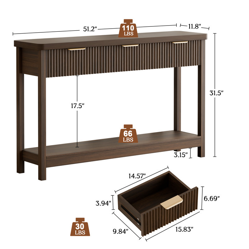 51-Inch Modern Water Ripple Console Table With 3 Wooden Drawers, Slim Entryway & Behind Sofa Table For Living Room, Hallway & Foyer, Farmhouse Accent