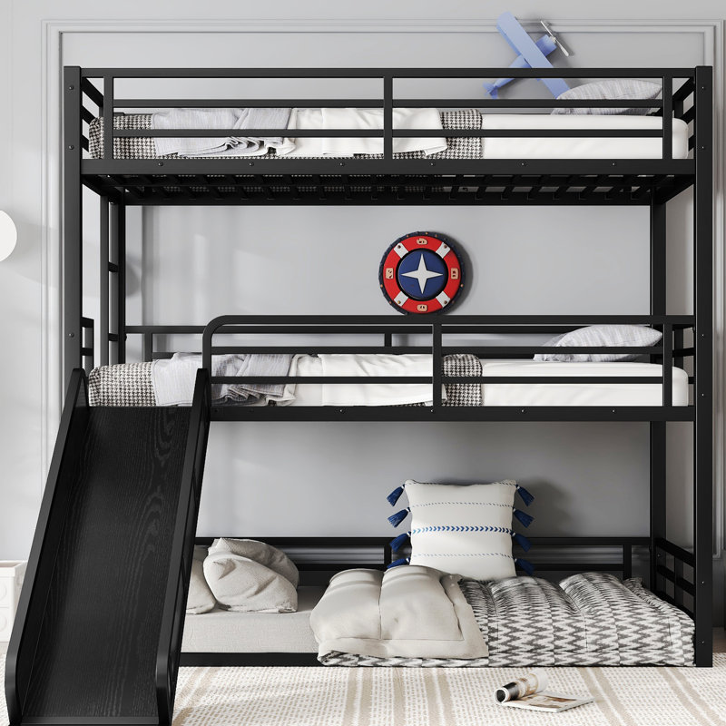Black Metal Triple Bunk Bed With Twin Xl Measurements, Slide For 'S Adventure, Heavy - Duty, Noise Less Build, Guardrails Slide, Duty And Robust, Reduced Feature, Full Length Rails Security