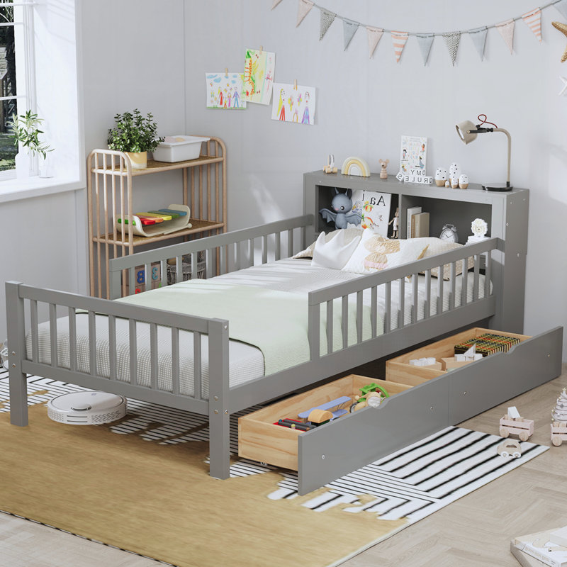Lit en bois avec deux tiroirs sous le lit, Gris