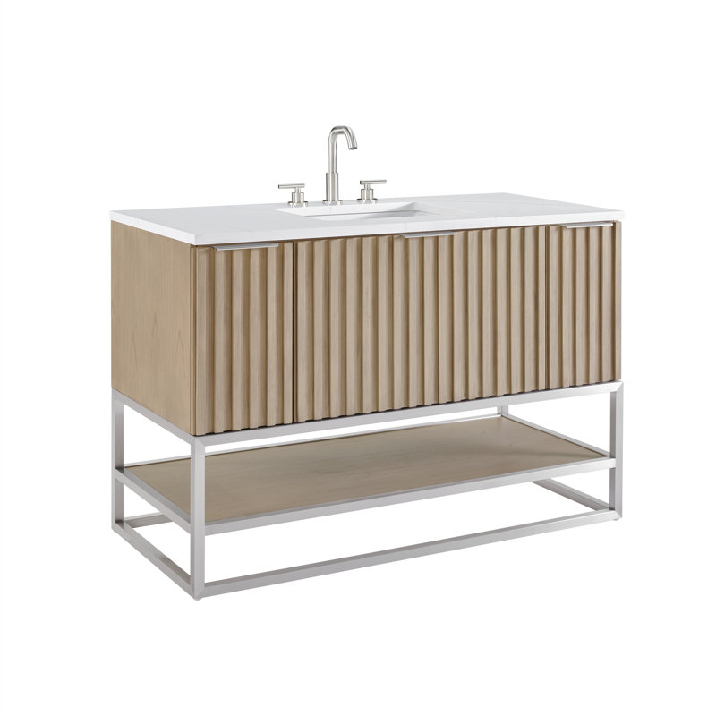 Terra 48'' Single Bathroom Vanity with Top, White Quartz/Single Faucet Mount, Cashmere Gray, Brushed Nickel