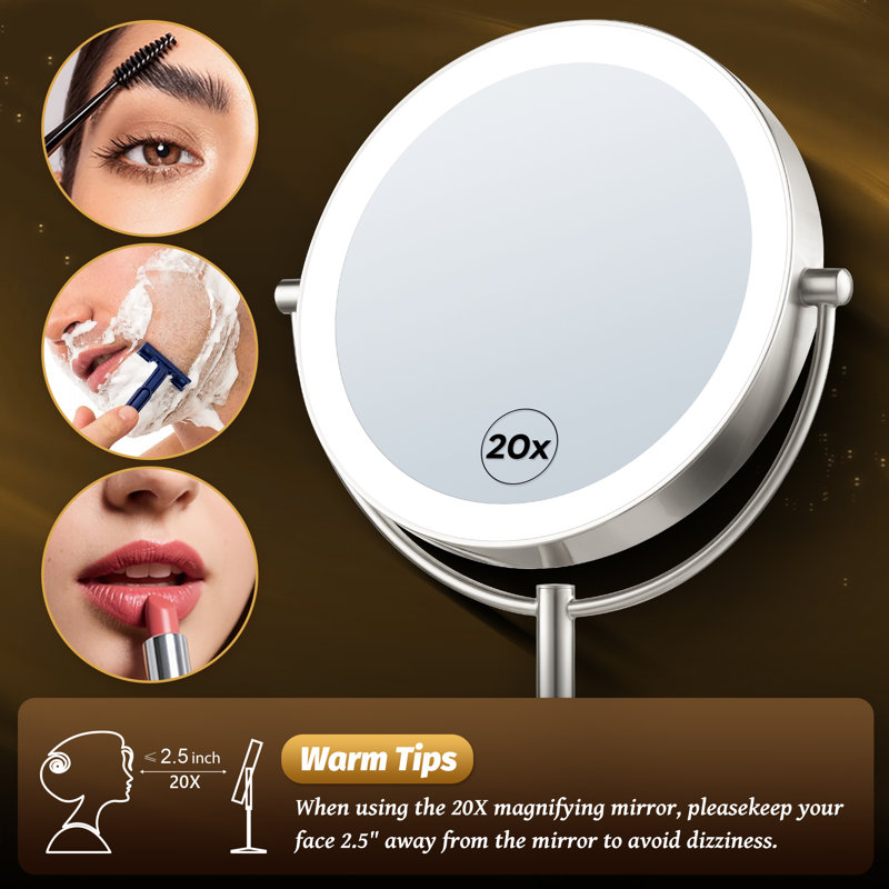 Rechargeable 9" Led Lighted Vanity Makeup Mirror, 1x/20x Magnifying Mirror With 3 Color Dimmable Lights, Base Charging And Switch, Brushed Nickel